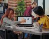 Business people examining statistics on laptop to do research for financial growth. Team of women working on marketing productivity for organization development and successful project.